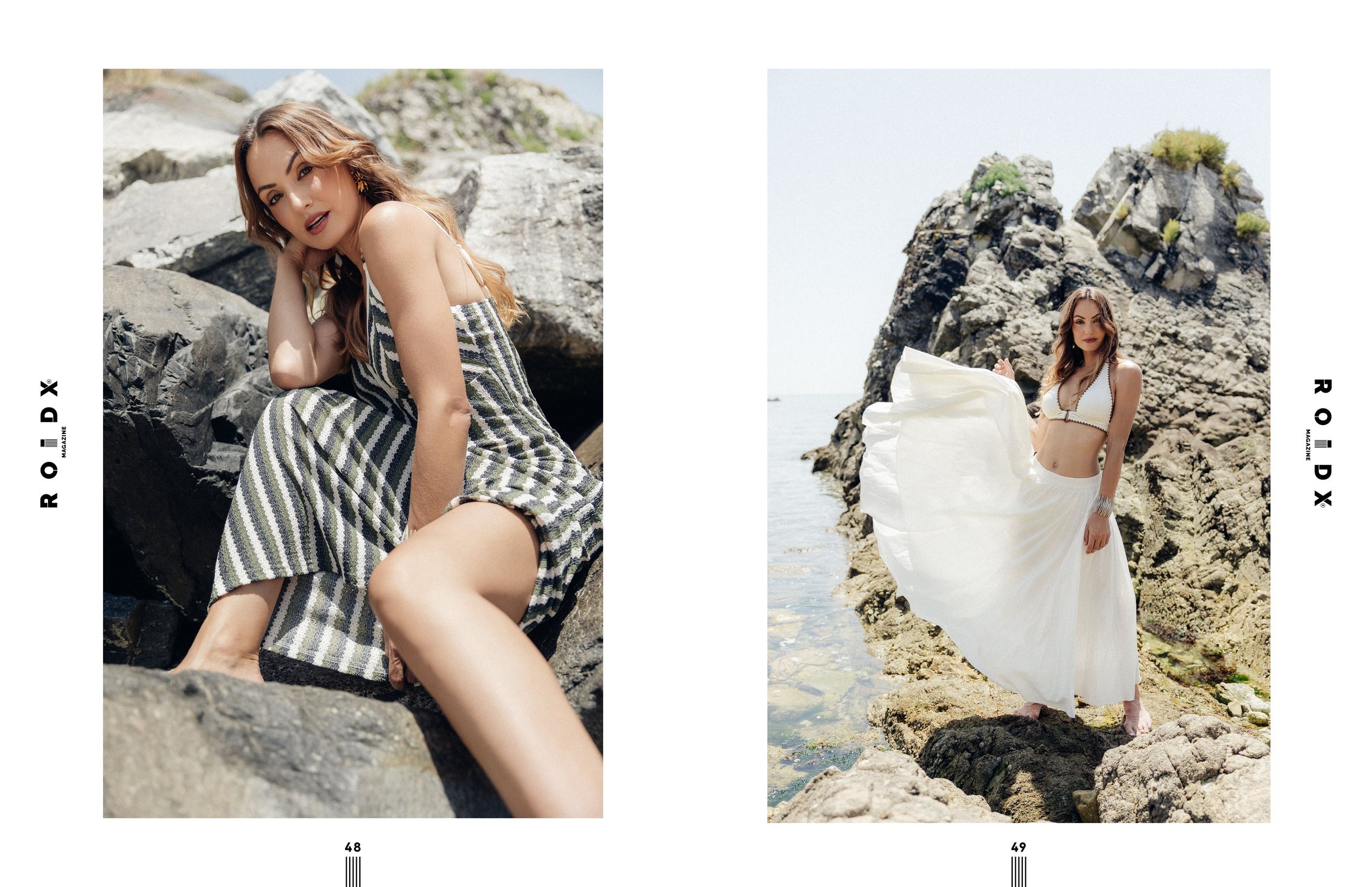 Double page éditoriale Roidx, maquillage mode en extérieur