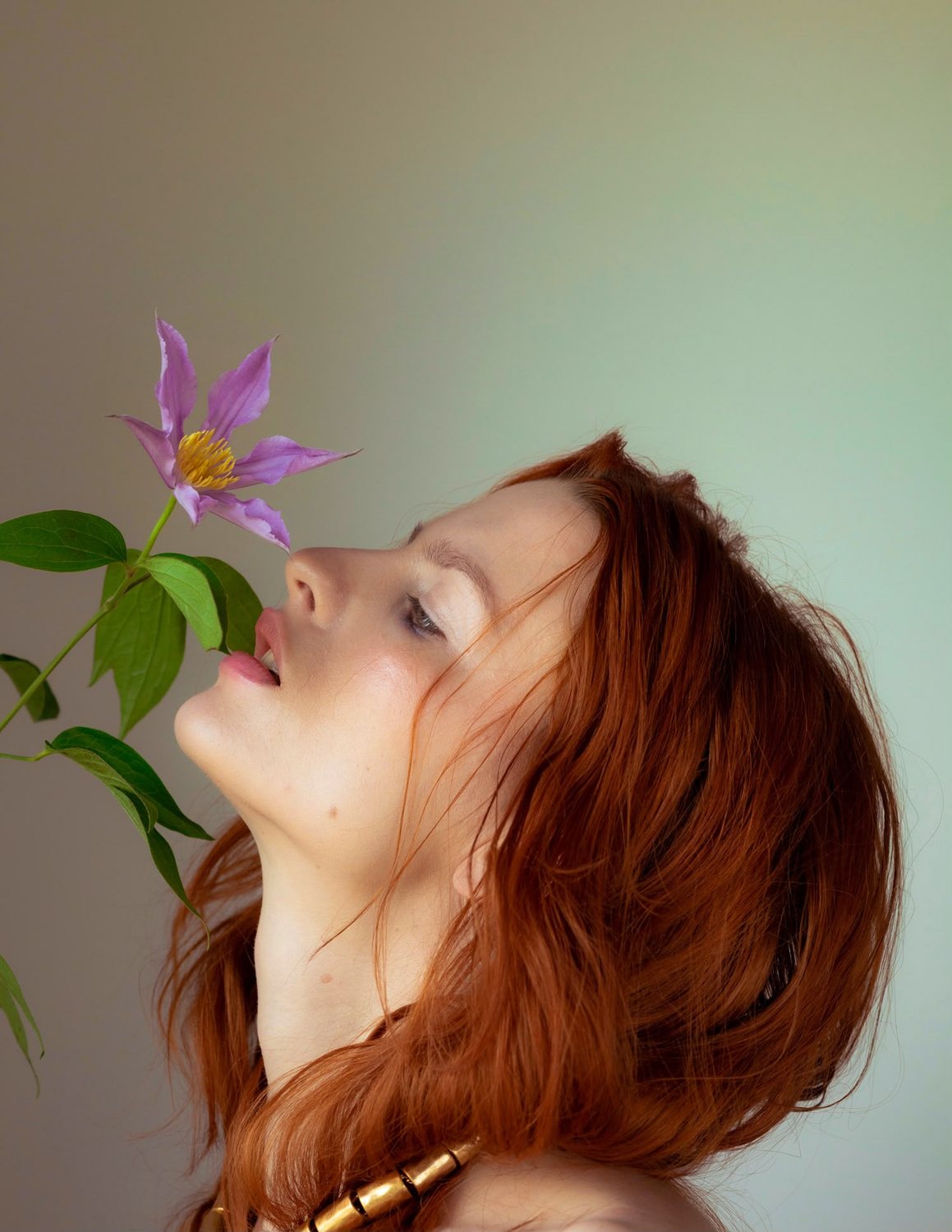 Maquillage beauté au teint clair et sourcils naturels, éditorial aux fleurs de scabieuse